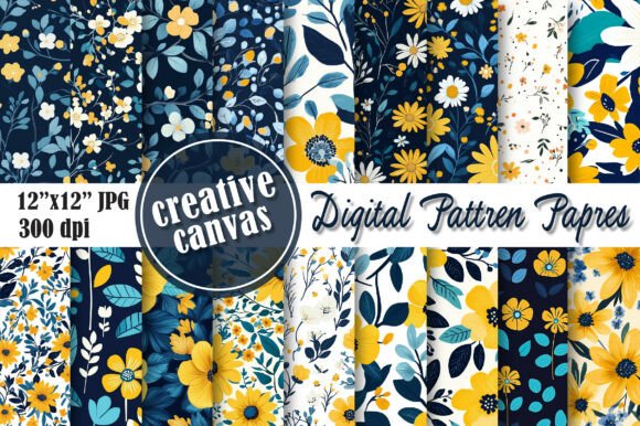 Download Yellow Blue Floral Digital Paper Bundle - Blue Collection