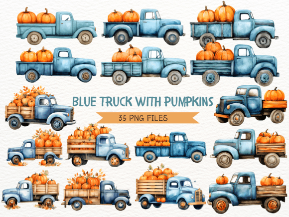 Download Blue Autumn Truck with Pumpkins - Premium Resources