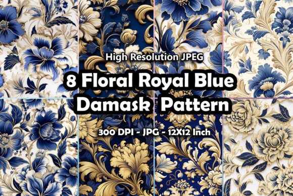Download 8 Floral Royal Blue Damask Pattern - Blue Collection